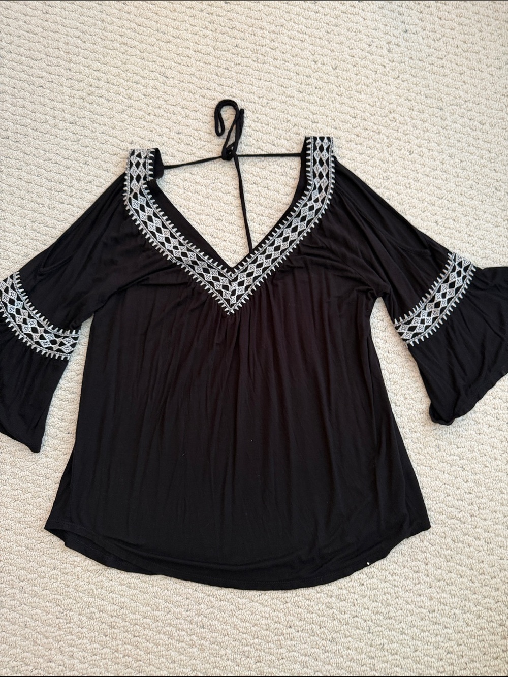 Embroidered V-Neck Black Cold-Shoulder Women's Top